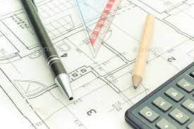 Drawing Accesories And Calculator On Housing Plan Building Home Cost Concept By Ratma Construction Drawings Graphic Design Portfolio Cover Drawing Accessories