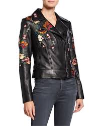 Floral Embroidered Leather Moto Jacket