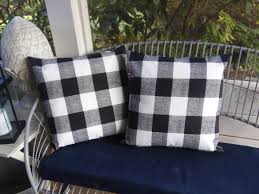 Black And White Buffalo Check Pillows Outdoor Modern Farmhouse Style Buffalo Checked Plaid Neutral Decor Outdoor Throw Pillows Rustic Gingham Check Black And White Front Porch Rockers Buffalo Check Christmas Decor Plaid Throw Pillows Throw Pillows