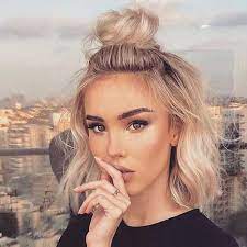 Simple Cute High Half Bun Updo For Short Hair Cute Hairstyles For Short Hair Short Hair Bun Medium Length Hair Styles