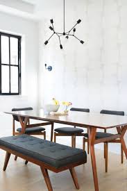 Mid Century Dining Room With Dark Walnut Table And Tufted Bench Seat On One S In 2020 Modern Dining Room Tables Modern Dining Room Mid Century Modern Dining Room Table