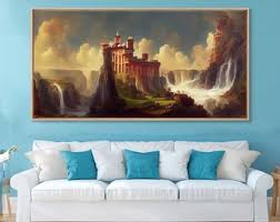 Fantasy Wall Art, Canvas Print, Castle in the Sky, Castle Atop Mountains  and Waterfalls, Watercolor