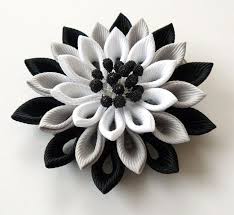 Alligator clip and safety clasp closure back. Kanzashi Fabric Flower Hair Clip Black Grey And White Etsy Fabric Flowers Kanzashi Flowers Flowers In Hair