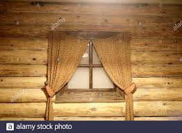 Window With Curtains In A Log Cabin Stock Photo Alamy