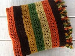 Give your room a fall update. Large Vintage 70s Hand Crocheted Afghan Blanket Striped Brown Orange Gold Green Retro Sofa Throw Blanket Mid Century Lodge Decor Crochet Afghan Hand Crochet Crochet