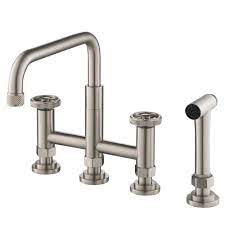 The variety of designs and functions is so broad that this is a question that often is difficult to answer. Industrial Bridge Kitchen Faucet With Side Sprayer In Spot Free Stainless Steel