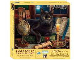 Shop & save | 15% off | let's put our heads together and do a puzzle! Black Cat By Candlelight 500 Large Piece Jigsaw Puzzle Sunsout