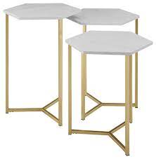 This item does not qualify for shipping to military apo/fpo addresses. Transitional Hex Wood And Metal 3 Piece Nesting Table Set Contemporary Coffee Table Sets By Walker Edison Houzz