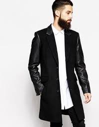 Asos Asos Wool Overcoat With Leather Look Sleeves Black Leather Jacket Style Wool Overcoat Long Coat Men