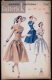 Uncut 1950s Size 16 Bust 34 Dropped Waist Dress Butterick 7780 Vintage Sewing Pattern 50s Full Skirt Detachable Square Collar Mid Century Cocktail Evening Dresses Vintage Dress Patterns Cocktail Dress Vintage
