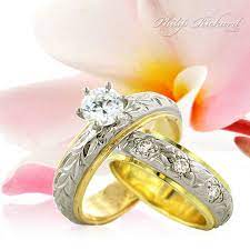 Two Tone Collection Maile Leaf Engagement Ring With Plumeria And Hibiscus Flower Band Diamonds H Custom Wedding Rings Wedding Rings Wedding Rings For Women