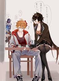 rokuon, cryogunner legionnaire (genshin impact), electrohammer vanguard ( genshin impact), pyroslinger bracer (genshin impact), tartaglia (genshin  impact), zhongli (genshin impact), genshin impact, highres, translation  request, 1girl, 4boys, ahoge ...