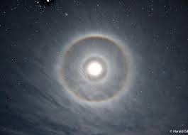 A Halo Around The Moon A Ring Of Light That Surrounds The Lunar Disk At A Radius Of 22 Pencil Shaped Ice Crystals In Cirrus Clouds That Bend Moonlight On Dec
