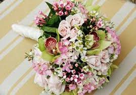 Sweet Wedding Bouquet Pastel Pink Spray Roses Pink Hydrangea Pink Bouvardia White Waxflower Green Cymbi Flower Bouquet Wedding Wedding Flowers Wax Flowers