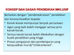 Pendidikan malaysia boleh didapatkan dari sekolah tanggungan kerajaan, sekolah swasta atau secara sendiri. Tajuk 3 Peraturan Pelaksanaan Pendidikan Inklusif