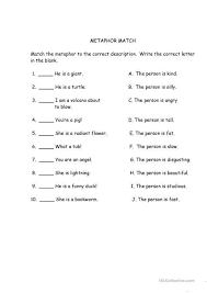 Metaphor Match Similes And Metaphors Metaphor Activities Simile Worksheet