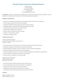 Sample Quality Improvement Specialist Resume Resume No Experience Jobs Improve