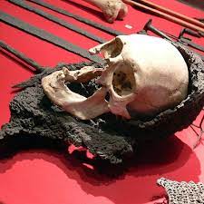 The skulls of soldiers with chain mail still secured to them who fought and  died in the Battle of Visby in Sweden, 1361. It was common practice to  remove and reuse all