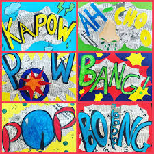 Pop Art Words Inspired By Roy Lichtenstein Grade 6 Students Created Onomatopoeia Words Using Collage Pop Art Collage Pop Art For Kids Elementary Art