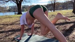 Girl doing Yoga Workout at Park with no Bra and Boobs Slip out