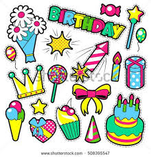 Birthday Cake And Balloons And Gifts Fashion Badges Patches Stickers Birthday Theme Happy Party Elements In Comic Style With Cake Balloons And Gifts Vec Stickers Happy Party Doodles