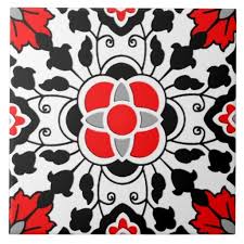 Black And White Moroccan Tile Backsplash Floral Moroccan Tile Deep Red Black And White Tile Zazzle Com Red Backsplash Black And White Tiles White Tiles