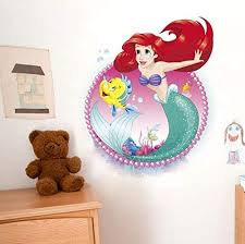 Bememo 3d butterfly wall sticker wall decal flying decor art decorations in 6 for room home nursery classroom offices decor, gold 72 pieces. Cartoon Mermaid Ariel Princess With Fish Wall Stickers For Girls Room Home Decoration 3d Pvc Poster Kids Wall Art Decals Buy Online In Guernsey At Guernsey Desertcart Com Productid 100527004