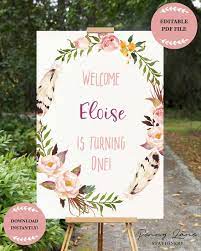 Bohemian Floral Childrens Birthday Party Welcome Sign Girl Birthday Decorations Floral Birthday Party Childrens Birthday Party