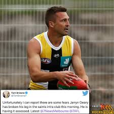 St kilda skipper jarryn geary hopes to be running in approximately six weeks after breaking his left leg at a training session with the afl club. Triple M Footy On Twitter Tombrowne7 Says There Are Concerns That St Kilda Captain Jarryn Geary May Have Badly Injured His Leg In An Intra Club Game All Our Thoughts Are With Him