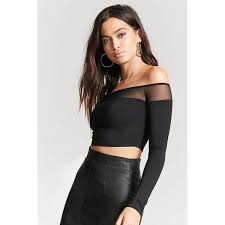Forever21 Sheer Mesh Off The Shoulder Top 11 Liked On Polyvore Featuring Tops Black Forever 21 Tops Long Sleeve Crop Top Clothes Design Long Sleeve Tops