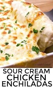 Place seam side down in a baking dish. Sour Cream Chicken Enchiladas Are Rich Creamy And Easy To Make Tender Juicy Chicken Onion And Loads Of Cheese Are Wrapped Enchilada Recipes Mexican Food Recipes Food