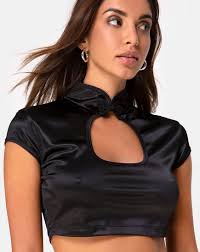 High Neck Cutout Satin Black Crop Top