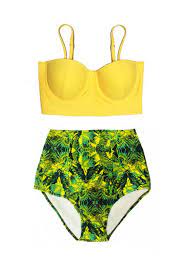 Yellow Midkini Top And Leaf Leaves Botanic Highwaisted High Waisted Waist High Waist Bikini Swimsuit Swimwear Bathing Suit Suits S M Bikinis Swimwear Swimsuits