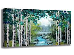 Unique and elegant wall art for living room lights up the entire space. Large Wall Art Living Room Wall Decor Canvas Prints Green Birch Forest Wildlife Stream Pictures Artwork Wall Decorations For Bedroom Modern Home Decor Framed Wall Art For Living Room Size 24x48 Inch