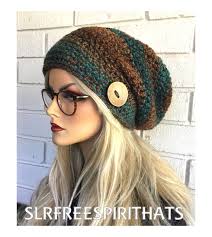 Boho Chic Woodland Colors Slouchy Beanie Hat Hand Crocheted Natural Coconut  Button Womens Fashion Accessories