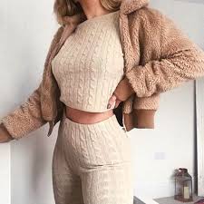 Get comfy and cosy with our range of knitted loungewear sets. Slim Fit Women Knit Suit Set Crop Tops Knitting Pants Fashion Outfits Comfy Outfits Fashion