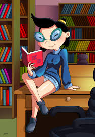 arabatos, phoebe heyerdahl, hey arnold!, nickelodeon, absurdres,  commission, commissioner upload, highres, huge filesize, 1girl, black eyes,  black hair, blush, book, bookcase, breasts, cameltoe, chair, closed mouth,  collar, crossed legs, cuffs, desk 
