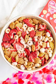 Create parfait desserts by layering chex™ mix and lightly sweetened whipped cream! Toddler Valentine S Day Snack Mix Family Food On The Table