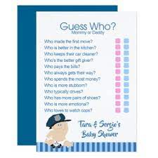 Guess Who Mommy Or Daddy Police Shower Game Invitation Zazzle Com Police Baby Shower Police Baby Shower Theme Baby Shower Funny