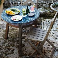 Mosaic Tiled Bistro Table Indigo Hex Driftwood Base Bistro Table Garden Table Mosaic Tiles