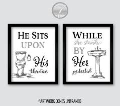 Black And White Bathroom Wall Decor His Hers Vintage Bathroom Wall Art Print Set He Sits Upon His Throne While She Stands By Her Pedestal Bathroom Wall Art Framed Mirror Wall Bathroom Wall