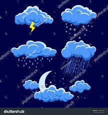 Set Of Cartoon Clouds On Dark Blue Night Sky Illustration Of Different Weather Rain Storm Lightning Snow M Cartoon Clouds Night Clouds Cloud Illustration