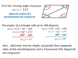 Diagonals, angles, side length, and height. Date Topic Properties Of Parallelograms 7 1 Warm Up Find X And The Missing Angle Measures The Angles Of A Triangle Add Up To 180 Degrees 3x 4x Ppt Download