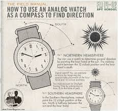 Spy School How To Use An Analog Watch As A Compass To Find Direction Primer Survival Tips Survival Skills Survival Life Hacks