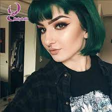 Green Bob Wig With Full Bangs For Women Short Bob Green Full Lace Human Hair Wigs Brazilian Green Human Hair Wig Short Green Hair Green Hair Emerald Green Hair