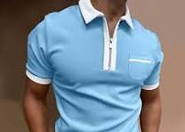 Camisa Polo Hombres Cremallera Moda Golf Azul Claro Contraste Blanco Manga  Larga | eBay