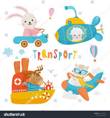 Set Of Cute Childish Illustrations Of Animals In Transport Hare Drives The Car Deer Swims On The Vintage Business Cards Template Animal Illustration Childish