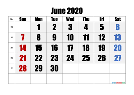 Free Printable June 2020 Calendar with Week Numbers