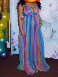 Blue Purple Striped Print Patchwork Grenadine Shoulder Strap V Neck Unicorn Baby Shower Maxi Maternity Dresses Maternity Dresses Women S Maternity