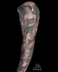 Black And Grey Tattoo Artists London Black And Grey Tattoo Sleeve Angel Tattoo Made By John Hudic At Nr Studio London Travelling Sleeve Tattoos Arm Tattoos Nature Black And Grey Tattoos Sleeve